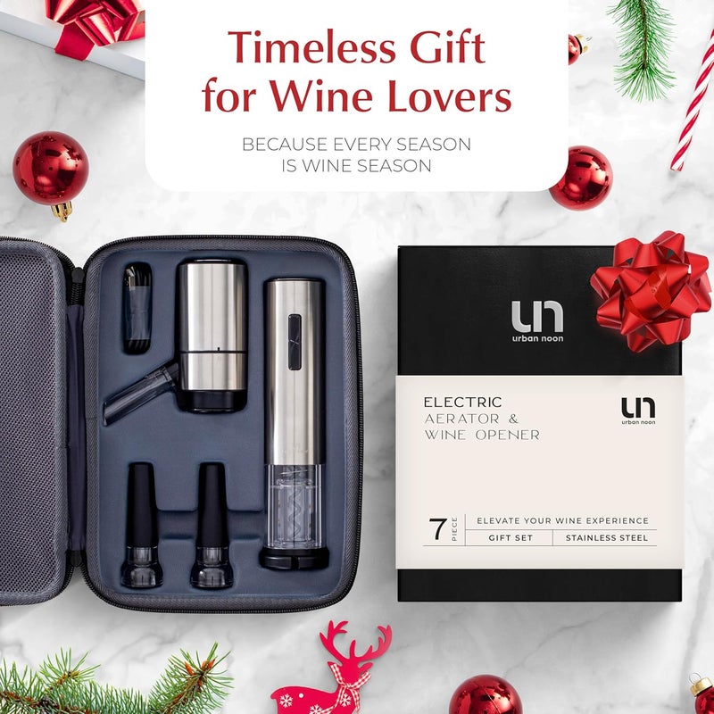 urban noon Rechargeable Electric Wine Opener Set with Aerator, Foil Cutter & Vacuum Stoppers – Automatic Wine Bottle Opener Kit with Portable Case – 7 Piece Wine Gift Set (Silver) - Image 3